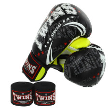 Боксерський набір 3в1 Twins 8 унцій, чорний-салатовий, код: BO-9943_8BKLG