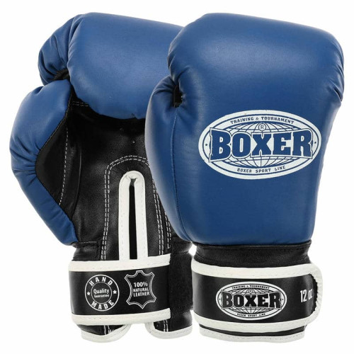 Рукавички боксерські Boxer шкіряні на липучці 12 унцій, синій-чорний, код: 2023_12BL-S52