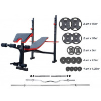 Лава для жиму RN-Sport ReadMeBlack + штанга металева 83 кг, гриф W, гантелі, код: RMB-83m