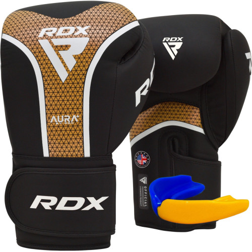 Боксерські рукавиці RDX Aura Plus T-17 14 унцій, чорний-золотий, код: BGR-T17BGL-14OZ+