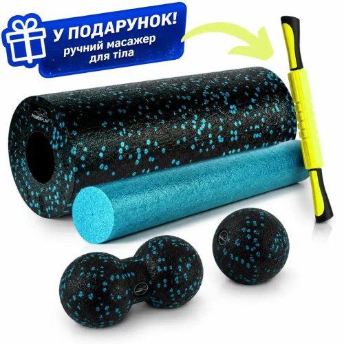 Масажний набір PowerPlay EPP Foam Roller Set 4in1 (2-ва роли + 2-ва м'ячі) чорно-бірюзовий, код: PP_4015_Cyan