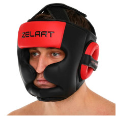 Шолом боксерський з повним захистом шкіряний Zelart L, чорний-червоний, код: BO-3870_LR