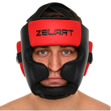 Шолом боксерський з повним захистом шкіряний Zelart L, чорний-червоний, код: BO-3870_LR