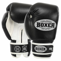 Рукавички боксерські Boxer шкіряні на липучці 10 унцій, чорний-білий, код: 2023_10BK-S52