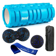 Набір для масажу та йоги PowerPlay (ролик 33x14 см + 2-ва м"ячі) Blue + резинка 7.5 кг., код: PP_4096_Blue